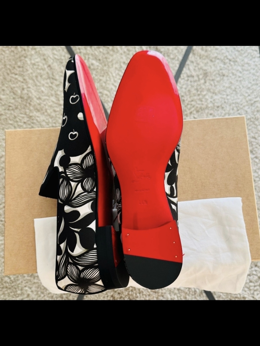 Christian Louboutin Black & White Floral Men's Loafers with Signature Red Sole